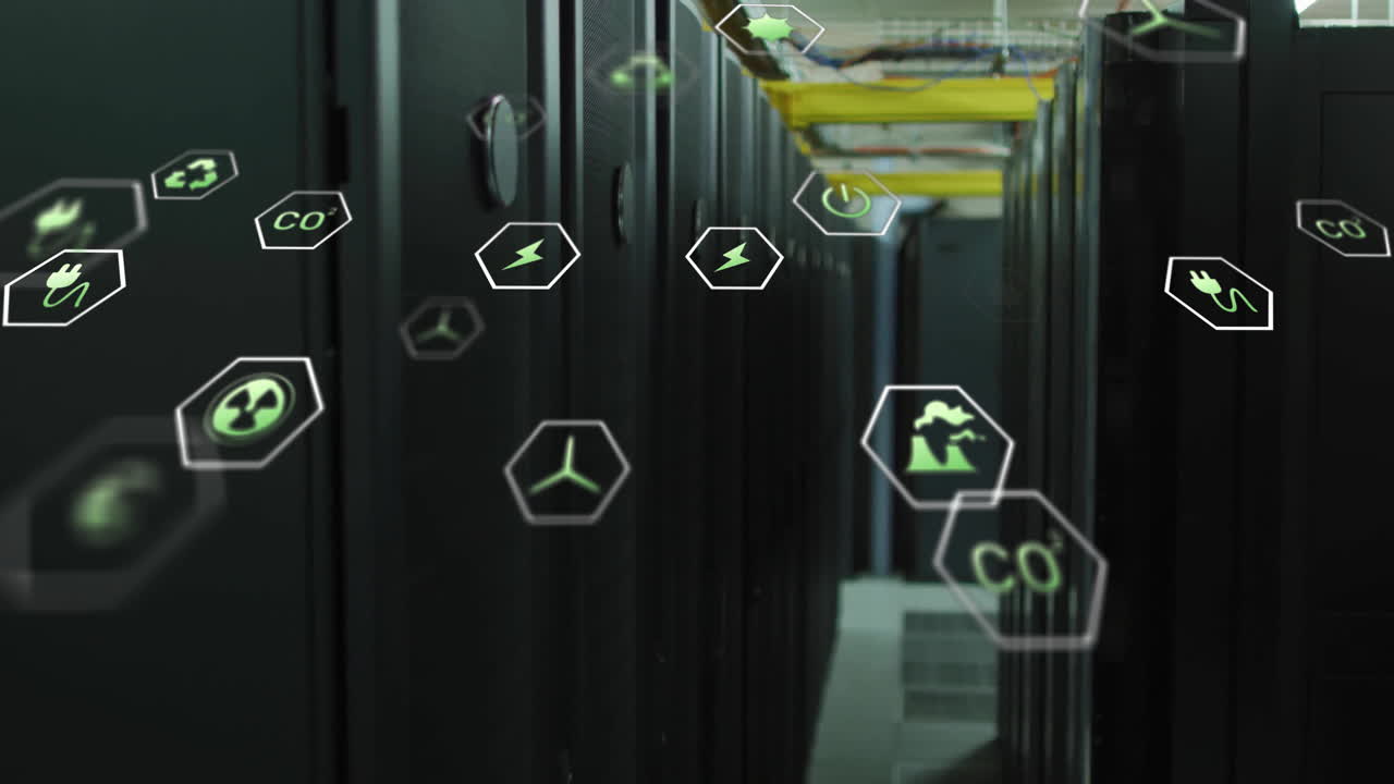 Animation of eco icons and data processing over computer servers