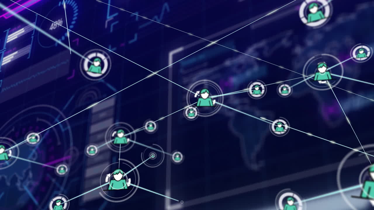 Connected user icons overlaying digital world map with animation of data graphs