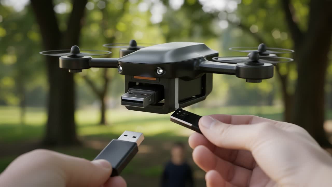 A Compact Drone Equipped with USB Interface for Data Transfer, Hovering in a Park Setting while Being Operated by a User with a USB Drive in Hand