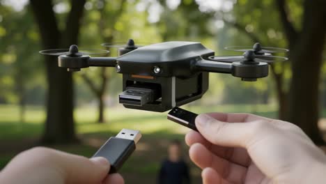 a compact drone equipped with usb interface for data transfer, hovering in a park setting while being operated by a user with a usb drive in hand