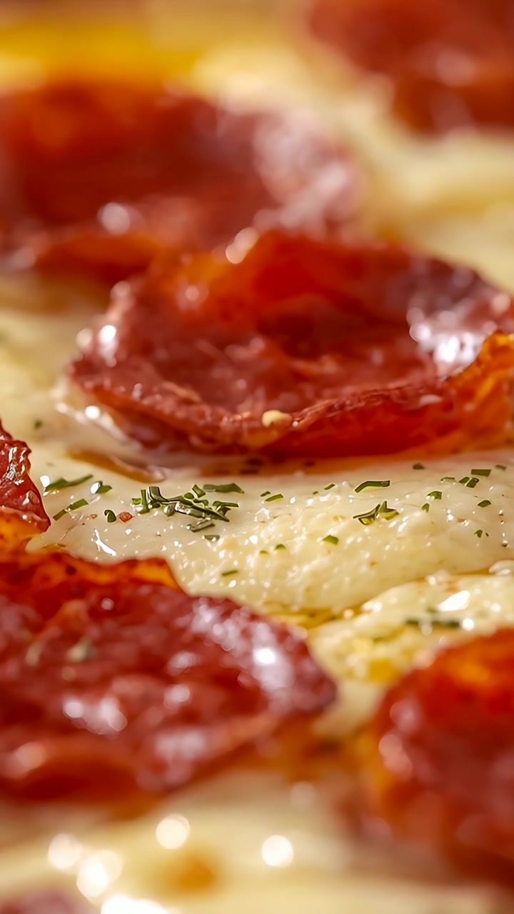 Video verticale: La telecamera zooma sul salame piccante che si croccantizza sulla pizza nel forno della cucina, con il segnale acustico di pizza pronta.