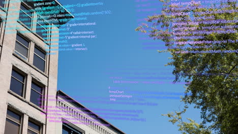 animación del procesamiento de datos sobre el edificio, el árbol y el cielo.