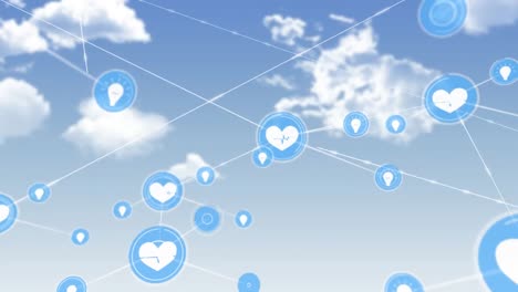 Animation-of-network-of-digital-icons-against-clouds-in-the-blue-sky