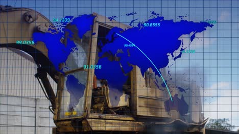 Animación-Del-Mapa-Mundial-Y-Números-Sobre-Un-Depósito-De-Chatarra-De-Automóviles