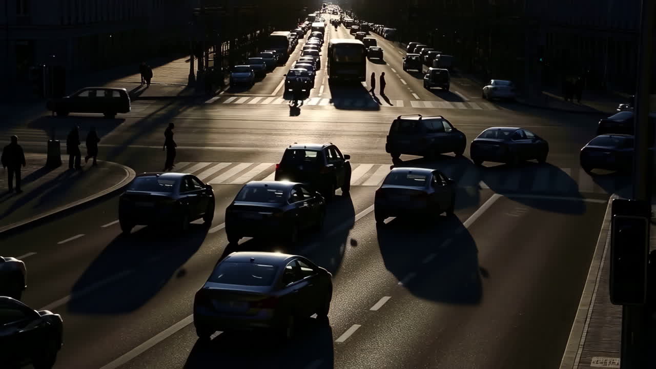 Travl bygade med trafik og fodgængere ved solnedgang eller solopgang