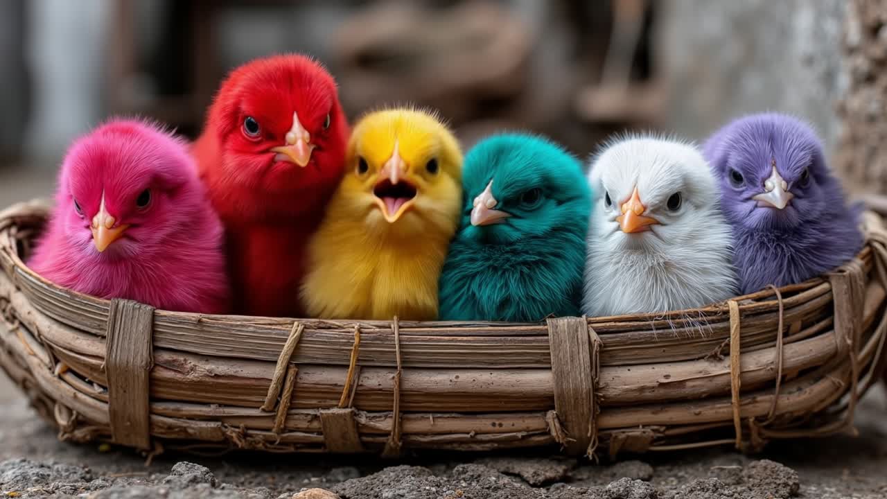Grupo de pollitos de colores en diferentes colores neón brillantes sentados en una cesta rústica.