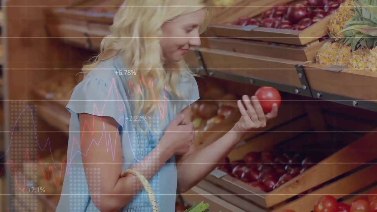 animación del procesamiento de datos financieros sobre la mujer caucásica comprando en la tienda de comestibles.