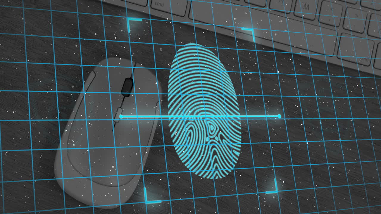 Fingerprint scanner and security padlock icon over grid network against mouse and keyboard