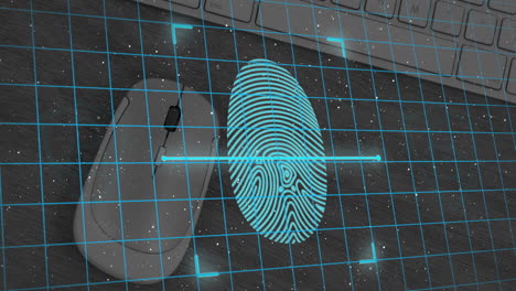 fingerprint scanner and security padlock icon over grid network against mouse and keyboard