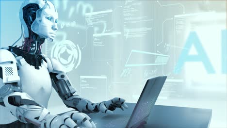 high quality cgi pullback shot of an artificial intelligence humaniod robot at a laptop computer in a virtual ai environment with data and equations floating around him -cold blue color scheme