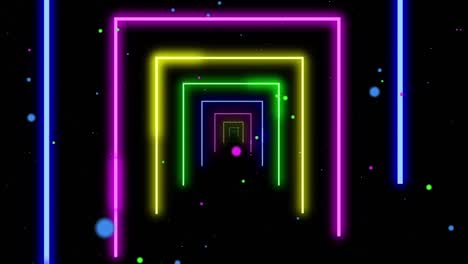 abstract background with neon tunel bright lines geometric shapes, looped animation. neon lights grid loop with particles at dark blurred background