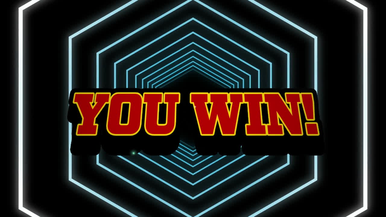 Animazione di un banner di testo "hai vinto" su un tunnel esagonale con motivo continuo su sfondo nero.