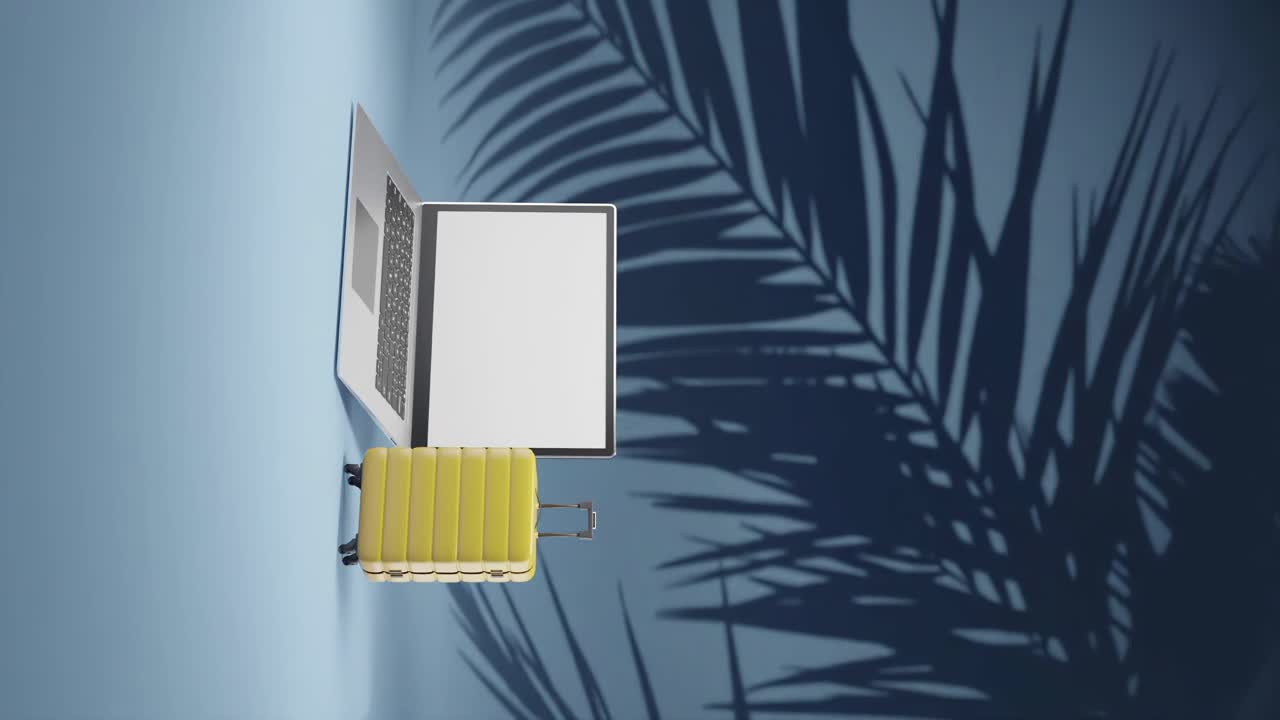 animación 3d de renderización de portátiles modernos y maletas de viaje concepto de remoto nómada digital trabajando en fondo azul vertical