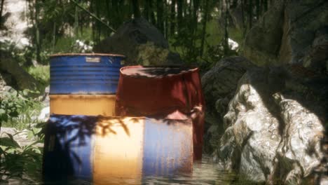 Rusty-barrels-in-green-forest