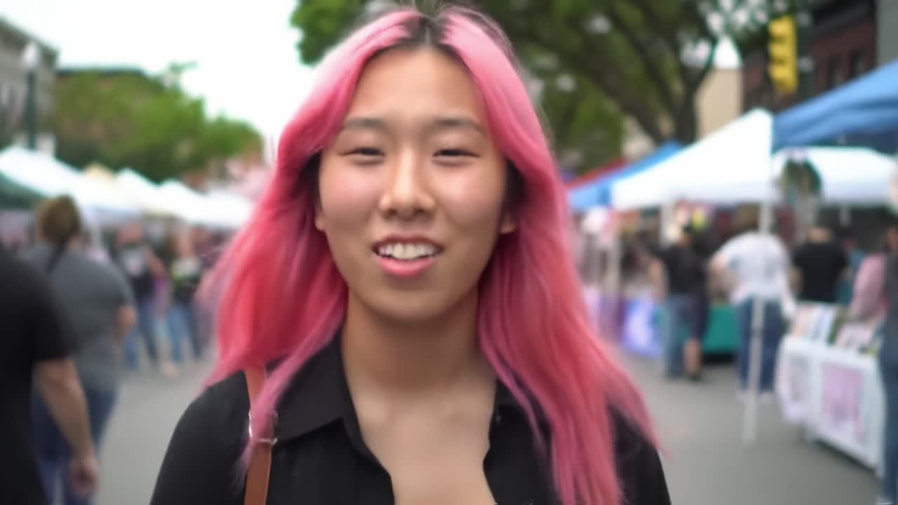 A young woman with pink hair walks through a bustling street fair featuring colorful stalls and a cheerful crowd. The event takes place in a lively downtown area filled with activity.