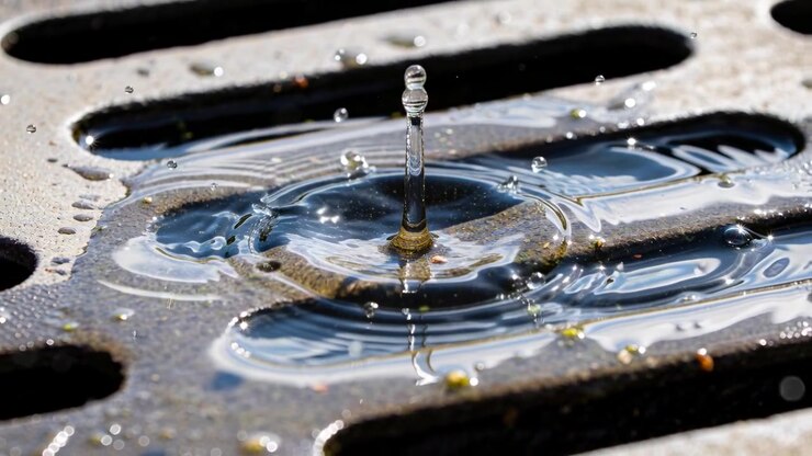 Striking raindrop making crown splash and rising jet on metal grate puddle during rain, with grit