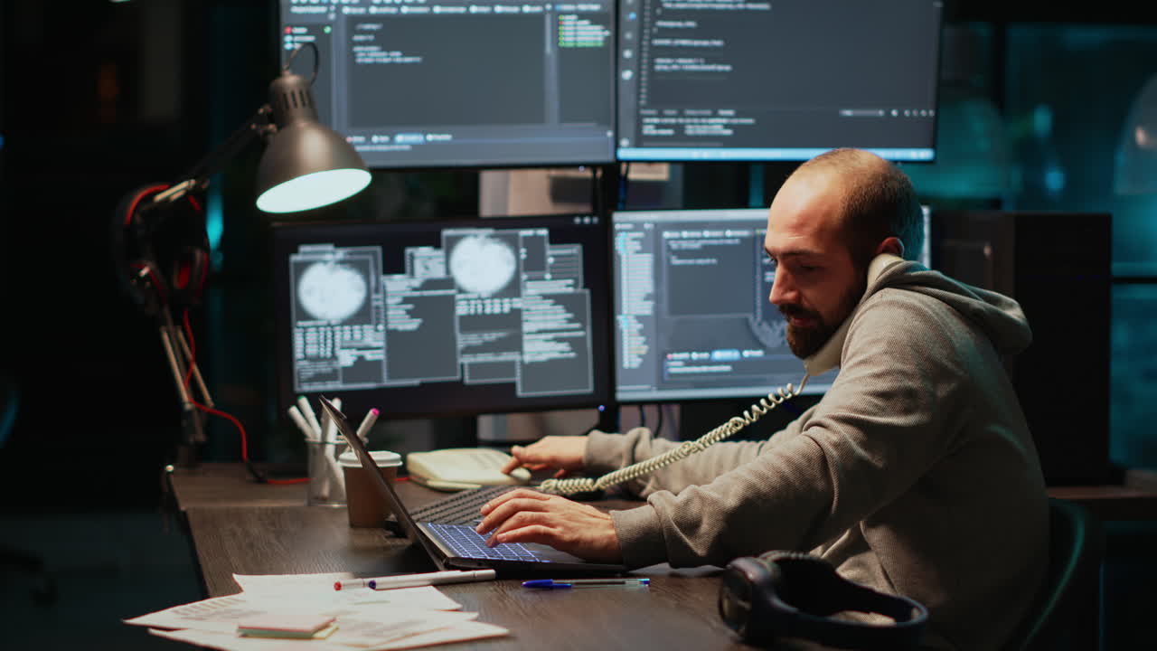 Programmer Working at Desk with Multiple Monitors