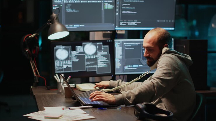 Programmer Working at Desk with Multiple Monitors