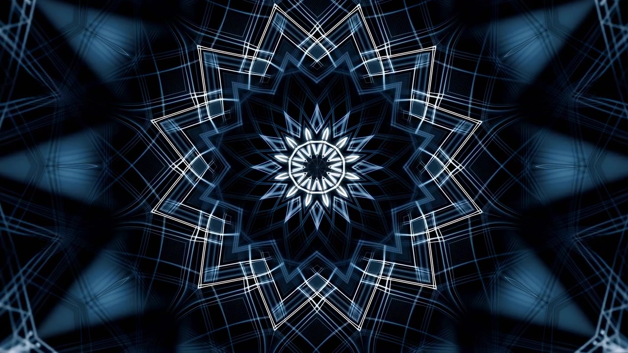 Mandala geometrico blu scuro radiante, complesso reticolo di linee luminose che formano una simmetria a raggiera, ciano glaciale