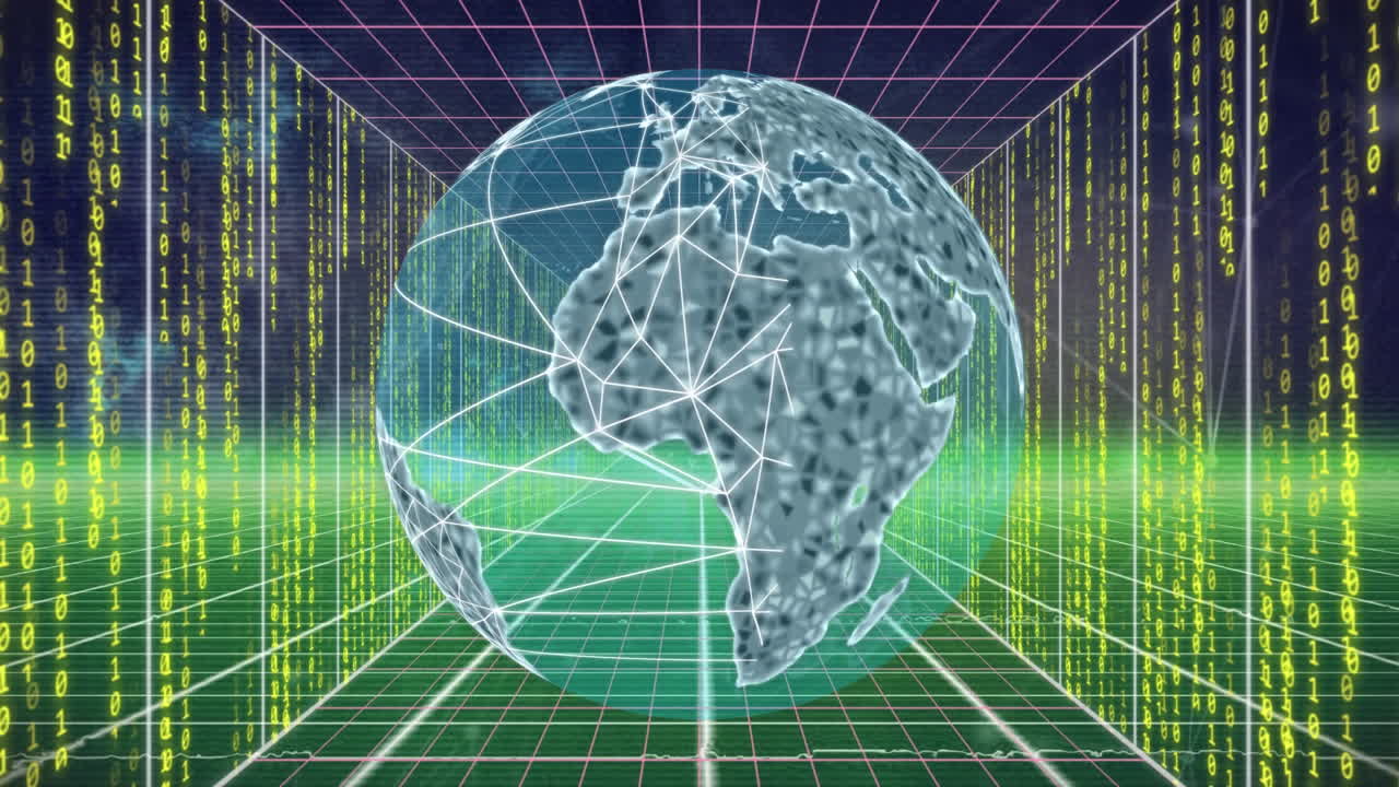 Animation of binary coding and data processing over globe