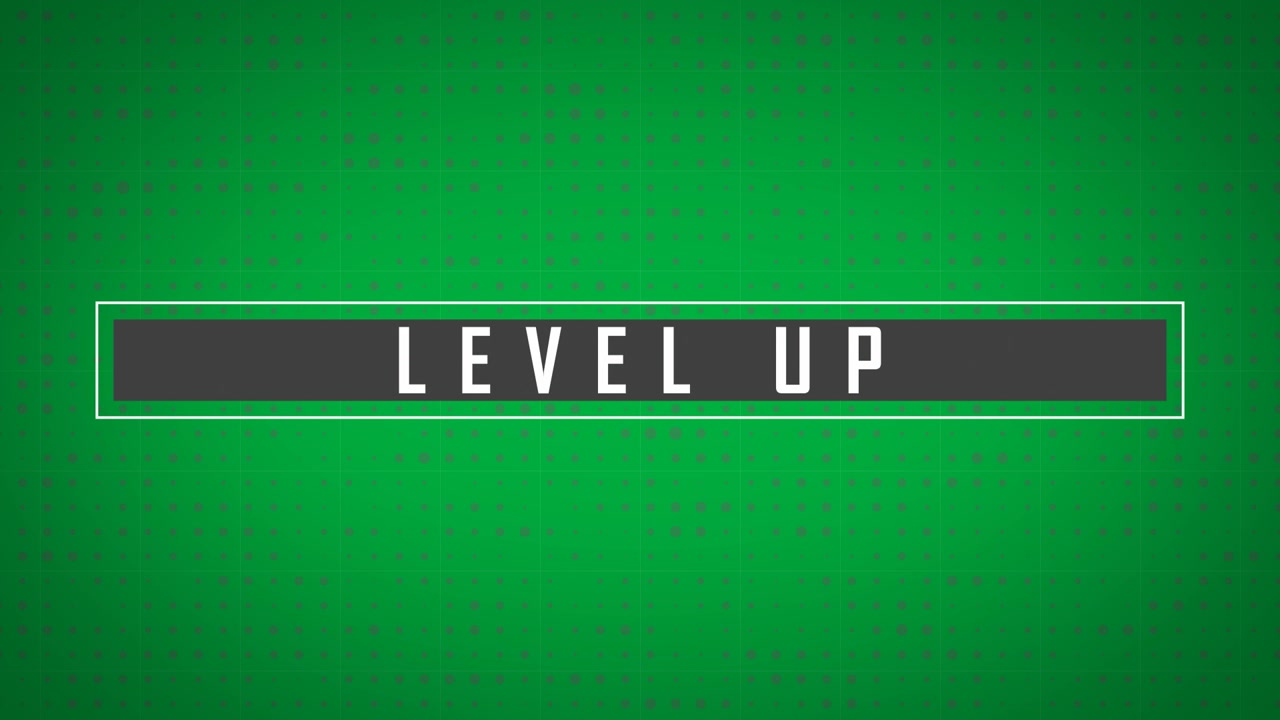 Video generato digitalmente con testo 'level up' e punti grigi su sfondo nero