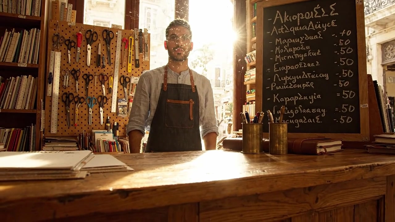 Affascinante Proprietario di Libreria in un Negozio Illuminato dal Sole Che Espone Vari Articoli e Prezzi su un Menu a Lavagna, Creando un'Atmosfera Accogliente per i Clienti