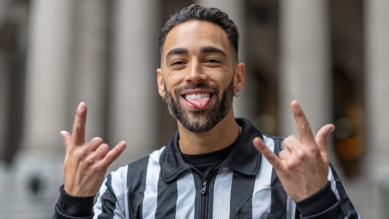 Gesto gioioso: Un individuo carismatico che esprime eccitazione ed energia in un contesto urbano con un sorriso giocoso e gesti delle mani coinvolgenti.