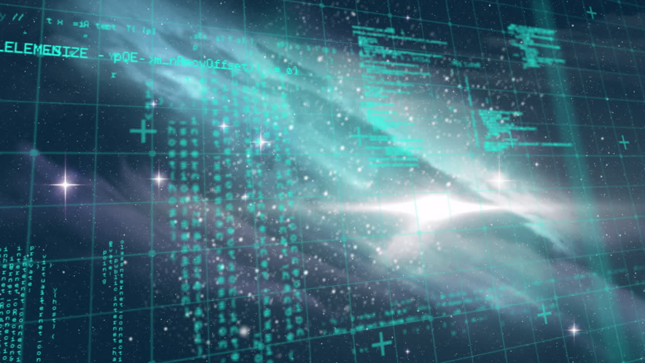 Central bright flare emitting beams in cosmic vista, with swirling teal-green nebula and faint grid