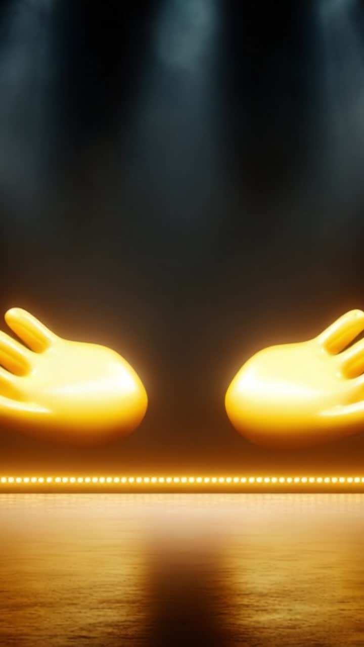 Uno spettacolo affascinante di mani gialle vivaci che brillano contro uno sfondo drammatico, che mostra creatività ed espressione artistica in una performance visiva ipnotizzante
