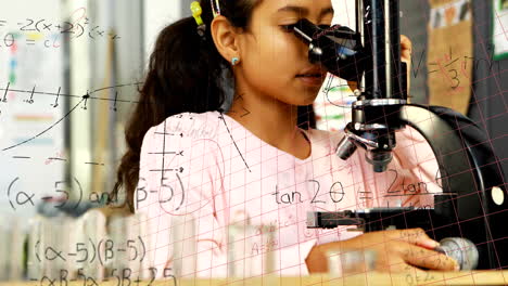 animación de ecuaciones matemáticas sobre una niña biracial usando el microscopio en el laboratorio de la escuela.