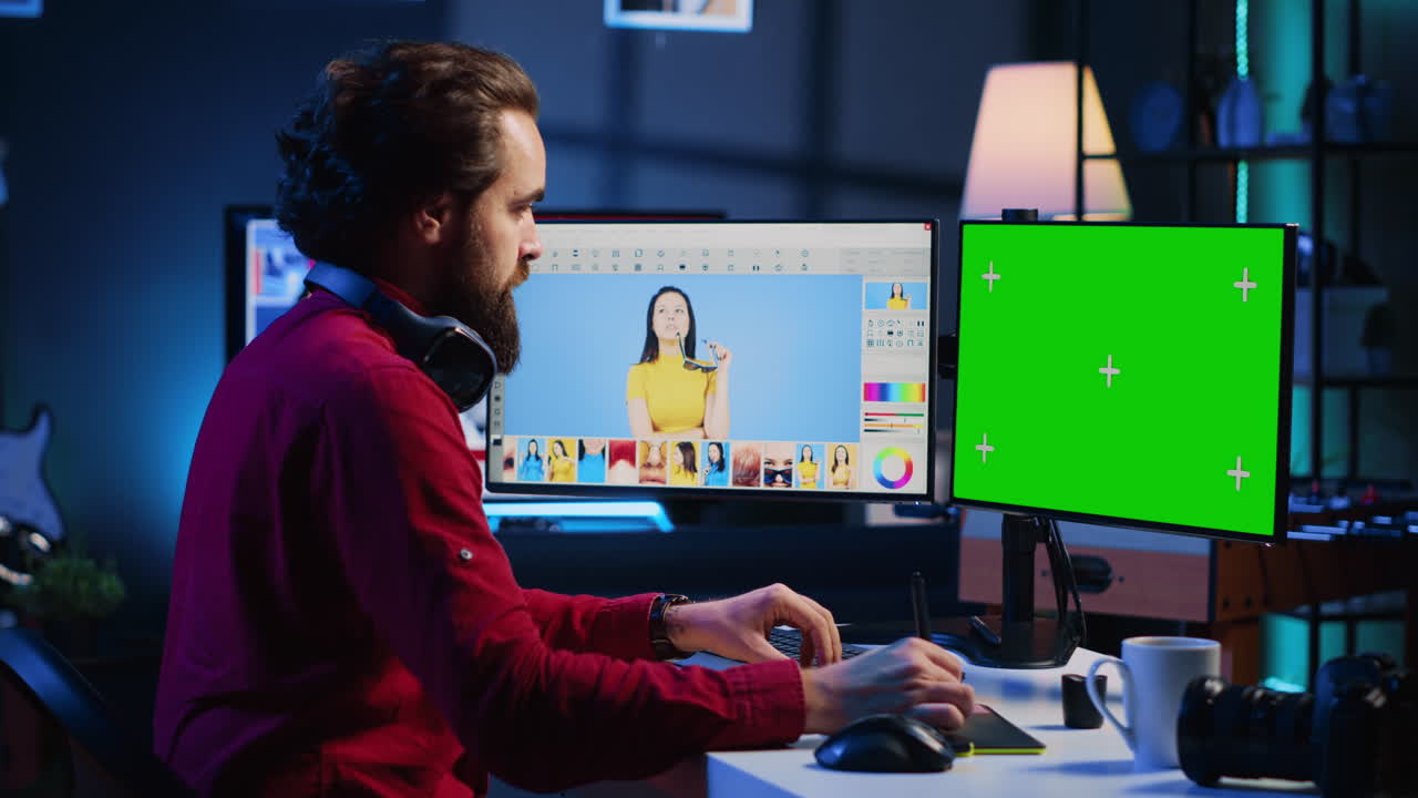 especialista en contenido que utiliza habilidades de diseño gráfico para hacer publicaciones en redes sociales en la pantalla verde de la computadora