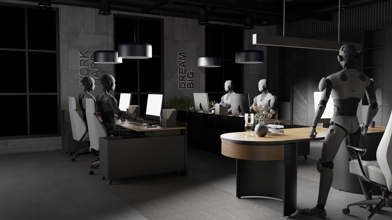 Group of humanoid robots working at office desks with computers and purple lamps in modern interior. Artificial intelligence and automation technology concept.