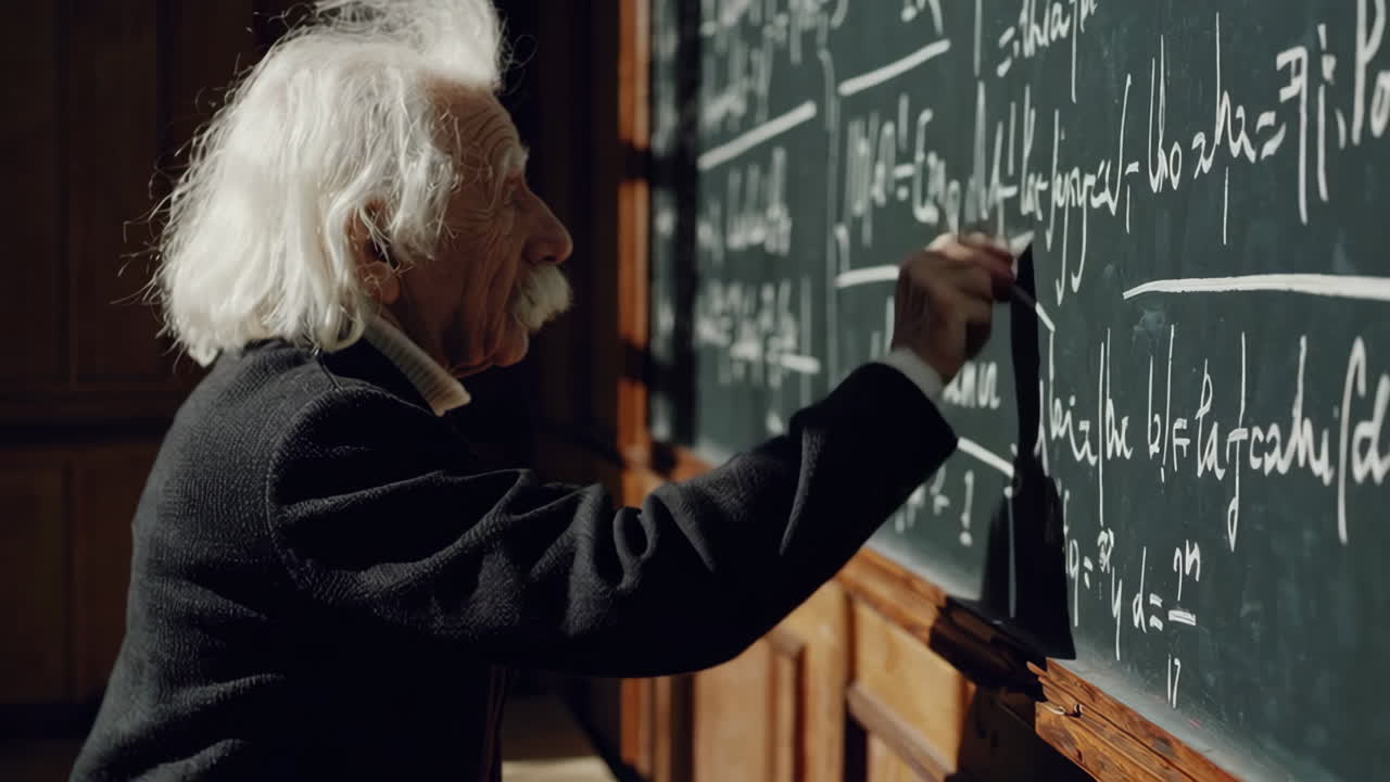 Elderly Scientist Writing Equations on a Blackboard