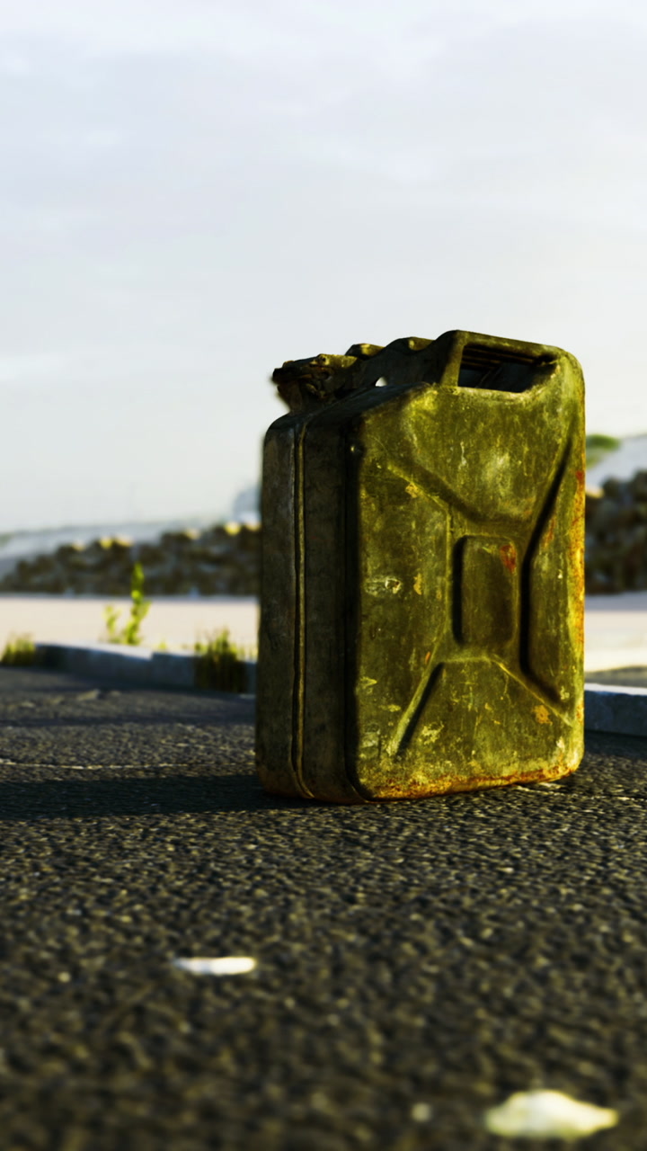 Old rusty fuel canister resting on an empty road near a tranquil waterway