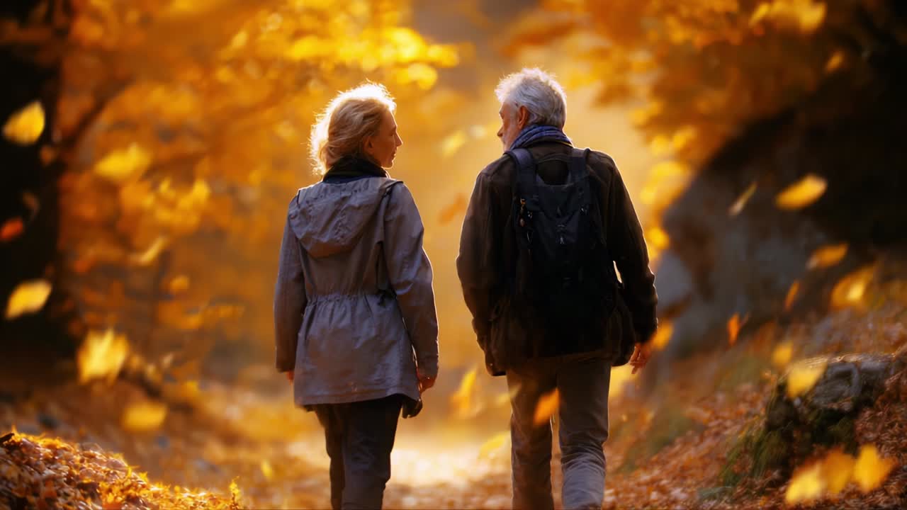 A Serene Autumn Walk in Nature: Two Individuals Stroll Together Amidst Golden Leaves, Embracing the Tranquility of Fall, While the Warmth of Sunset Illuminates Their Path in an Enchanting Forest Trail