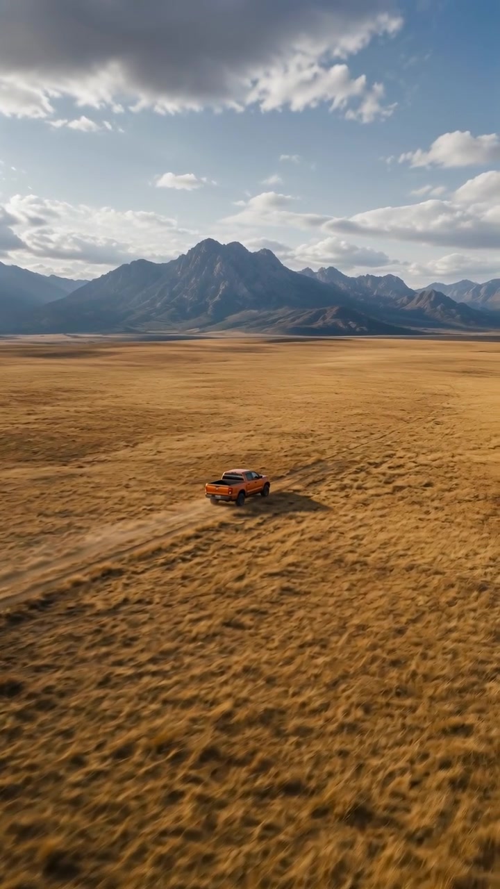 Una ripresa aerea in movimento segue un pick-up arancione che si muove su un terreno arido e soleggiato, mentre la sua scia di polvere si estende dietro, e creste montuose scure e il cielo blu riempiono la distanza.