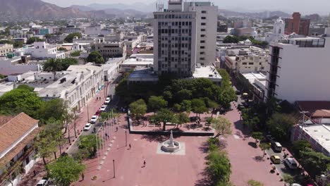 Aerial-Flying-Over-Bolivar-Park-In-Santa-Marta-On-Sunny-Day-In-Colombia