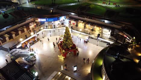 A-big-lit-up-Christmas-tree-in-the-middle-of-a-shopping-mall-plaza