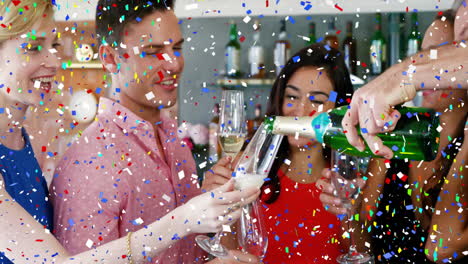 pouring champagne into glasses, people celebrating with confetti animation