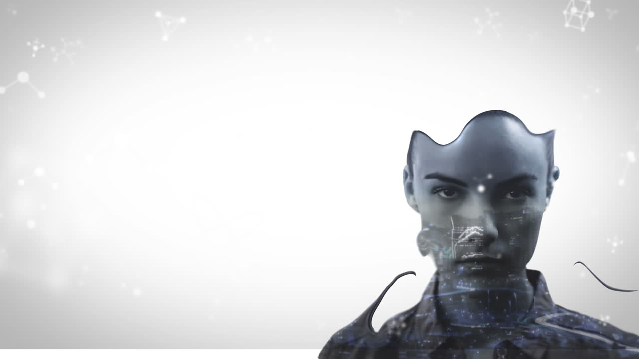 effetto liquido su una donna contro le strutture molecolari che galleggiano su uno sfondo grigio