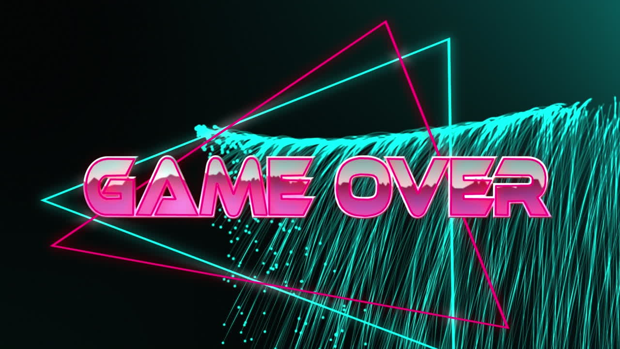 Animazione del testo "game over" e triangoli al neon su scie al neon