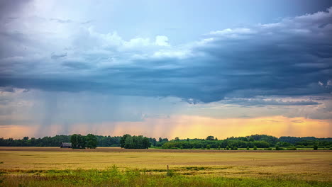 time lapse shot of weather spectacle with rain from dark clouds during golden sunset at yellow colored cultivation fields