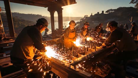 workers engaged in metal fabrication at a sunrise construction site