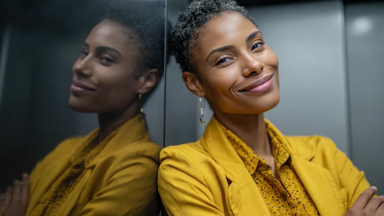 A confident woman with a warm smile leans against an elevator wall, showcasing her stylish yellow outfit and unique earrings while reflecting positivity and charm in her surroundings