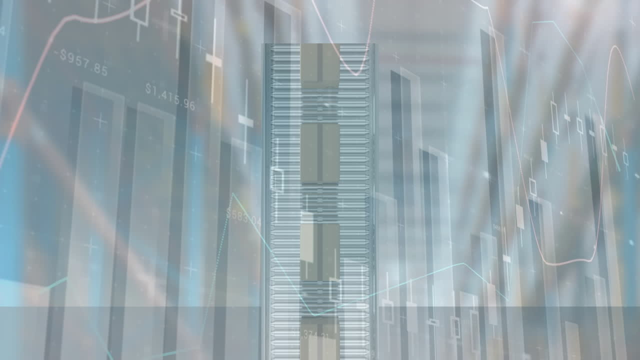 배경에서 컨베이어 벨트에 있는 카드보드 상자 위의 통계의 애니메이션