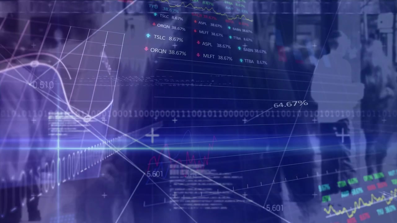 Data overlay sliding over crowd, blue flare starting grids, forming nodes, labeling finance rates