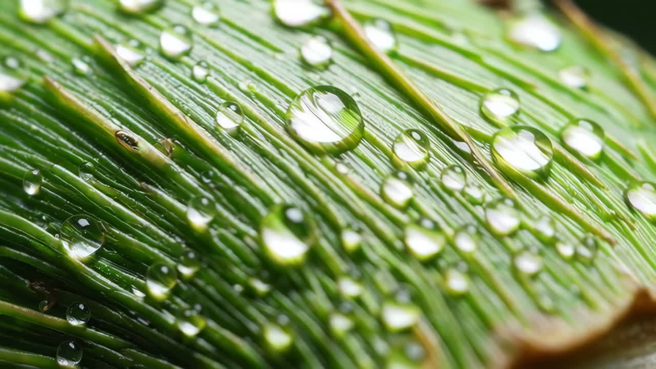 Macro Close-up of Green Leaf with Water Droplets