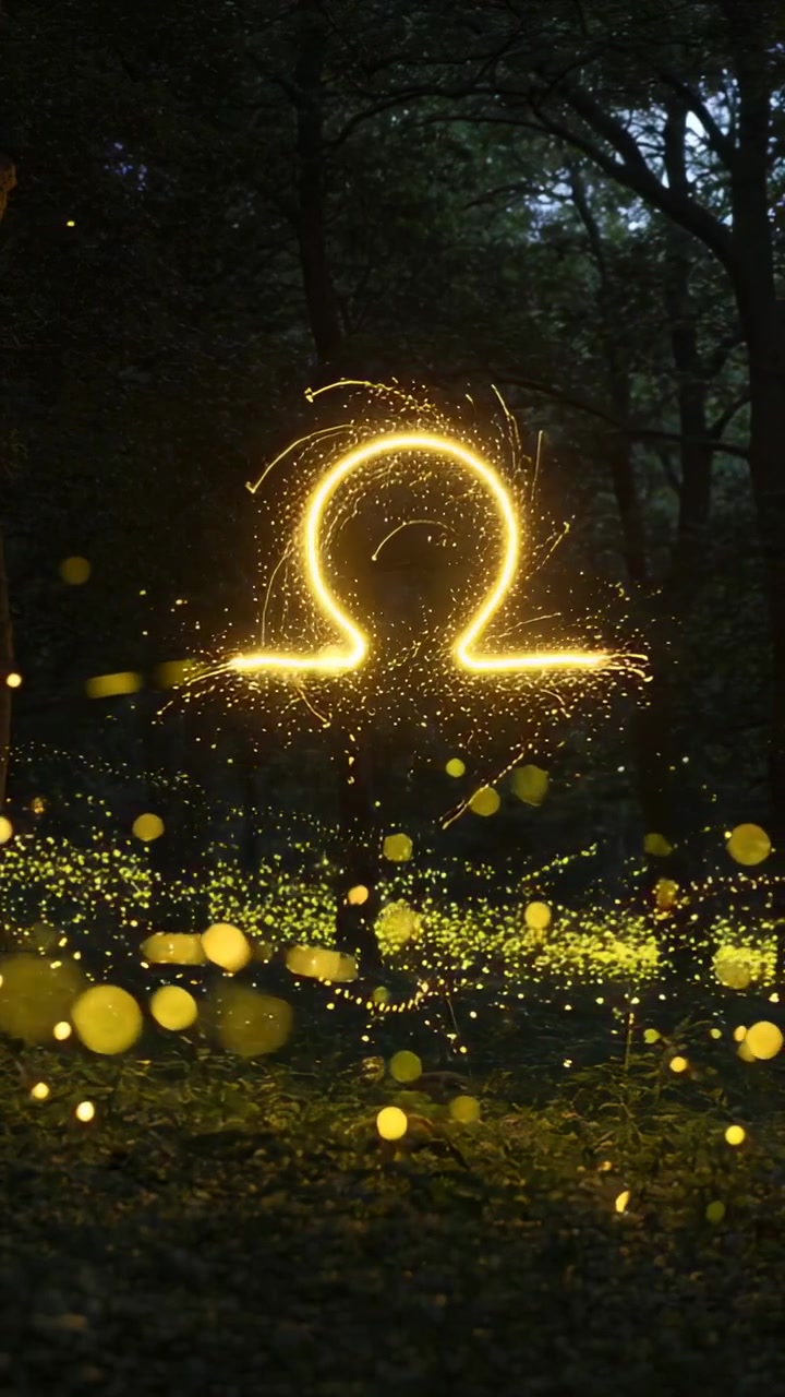 Video verticale: Simbolo Omega che si rivela e brilla in un bosco buio, con particelle d'oro e sfere fluttuanti.