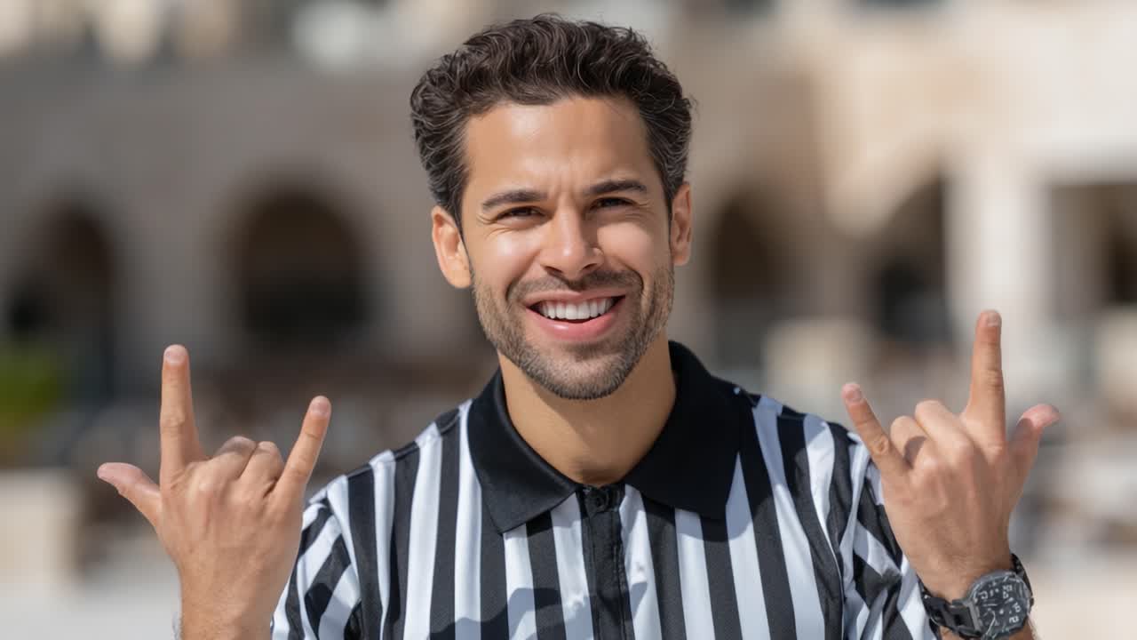 Un arbitro maschio allegro che celebra con un gesto entusiasta all'aperto, mostrando un atteggiamento gioioso di sportività ed energia.