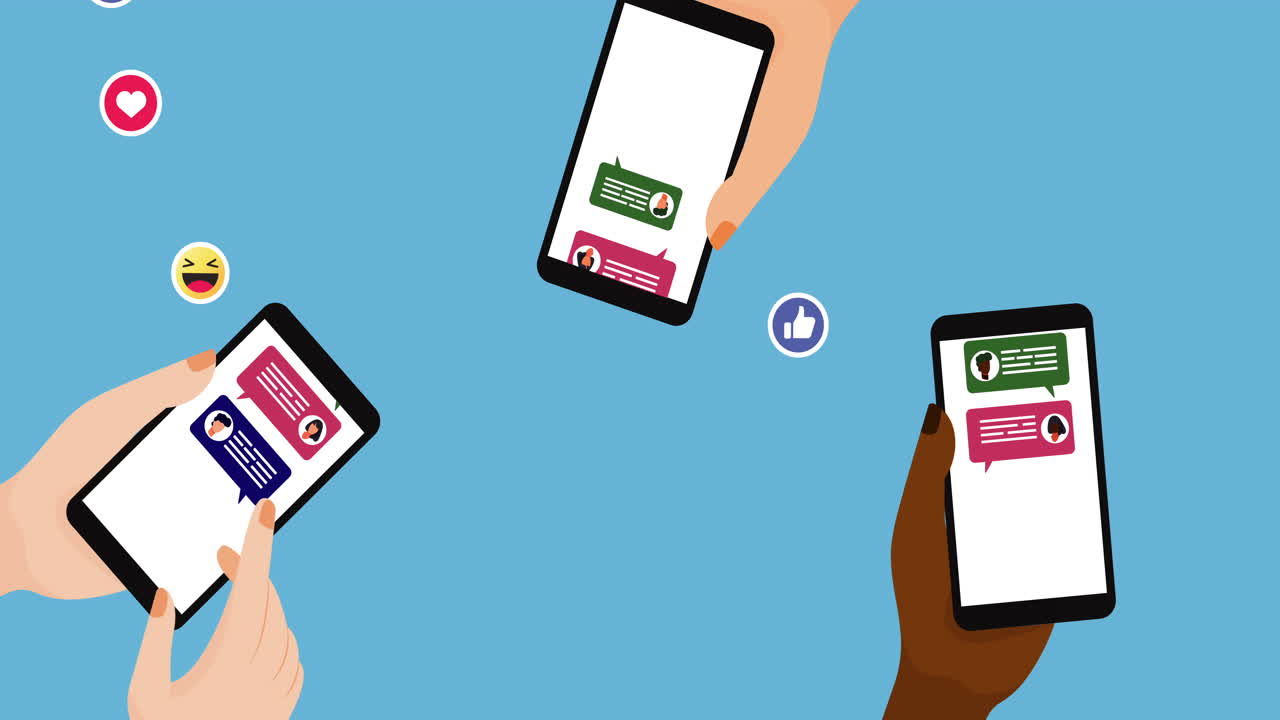 Animation of people holding smartphones social networking with icons